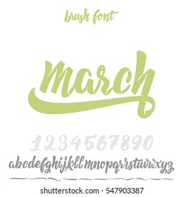 Vector Alphabet. Calligraphic font. Unique Custom Characters. Hand Lettering March for Designs - logos, badges, postcards, posters, prints. Modern brush handwriting Typography.