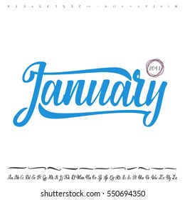 Vector Alphabet. Calligraphic font. Unique Custom Characters. Hand Lettering January for Designs - logos, badges, postcards, posters, prints. Modern brush handwriting Typography.