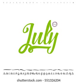 Vector Alphabet. Calligraphic font. Unique Custom Characters. Hand Lettering July for Designs - logos, badges, postcards, posters, prints. Modern brush handwriting Typography.