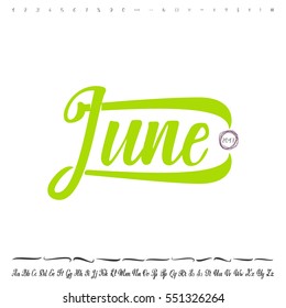 Vector Alphabet. Calligraphic font. Unique Custom Characters. Hand Lettering June for Designs - logos, badges, postcards, posters, prints. Modern brush handwriting Typography.