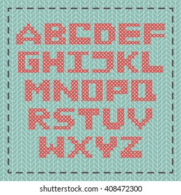 Vector alphabet, capital letters embroidered cross, imitation of knitted sweater texture background. Design for crafters, scrapbooking.