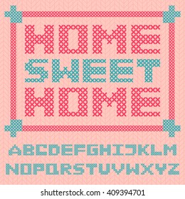 Vector Alphabet, Capital Letters Embroidered Cross, Imitation Of Knitted Pink Sweater Texture Background, Frame, Lettering Home Sweet Home. Cross Stitched ABC. Handmade, Homemade Design For Crafters.