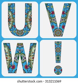 Vector alphabet, capital letters with floral and geometric ornament. Tribal ethnic decorative elements with hand drawn texture for Wedding, Bridal, Valentine's day or Birthday Invitation cards design
