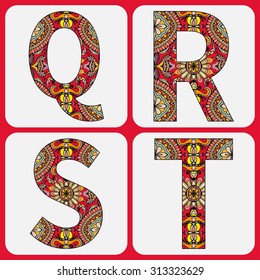 Vector alphabet, capital letters with floral and geometric ornament. Tribal ethnic element for invitation card design.