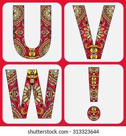 Vector alphabet, capital letters with floral and geometric ornament. Tribal ethnic element for invitation card design.