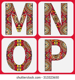 Vector alphabet, capital letters with floral and geometric ornament. Tribal ethnic element for invitation card design.
