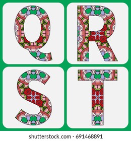 Vector alphabet, capital letters with floral and geometric ornament. Isolated design elements for scrapbooks, Invitations or Cards, fabric or paper print.