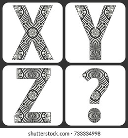 Vector alphabet, capital letters with geometric linear ornament. Isolated design elements for scrapbooks, Invitations or Cards, fabric or paper print. Black and white