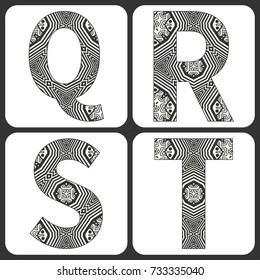 Vector alphabet, capital letters with geometric linear ornament. Isolated design elements for scrapbooks, Invitations or Cards, fabric or paper print. Black and white