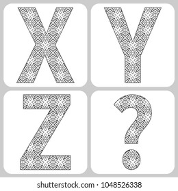 Vector alphabet, capital letters with hand drawn geometric floral sketch ornament. Isolated design elements for scrapbooks, Invitations or Cards, fabric or paper print. Black and white line pattern