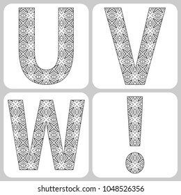 Vector alphabet, capital letters with hand drawn geometric floral sketch ornament. Isolated design elements for scrapbooks, Invitations or Cards, fabric or paper print. Black and white line pattern