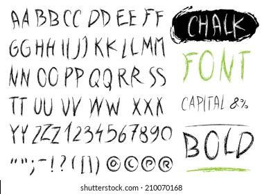 Vector alphabet. Capital letters. Numbers. Hand painted. Punctuation mark. Bold. Chalk.