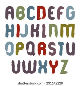 Vector alphabet capital letters set, hand-drawn painted colorful script, bright drop caps drawn with ink brush, graffiti cartoon acrylic font.