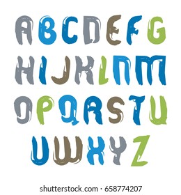 Vector alphabet capital letters set, hand-drawn colorful script, bright drop caps drawn with paint brush, acrylic brush style font.