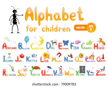 Vector alphabet with cartoon pictures for children education