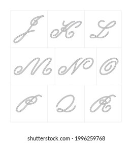 Vector alphabet characters composed of rope. Characters J to R. Isolated on white background.