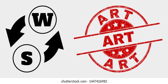 Vector alphabet characters exchange pictogram and Art seal stamp. Red rounded textured seal stamp with Art text. Vector combination for alphabet characters exchange in flat style.
