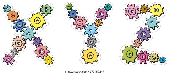 Vector alphabet of cheerful caricature hand-drawn characters consisting of spinning gears. Letters X, Y, Z isolated on white background