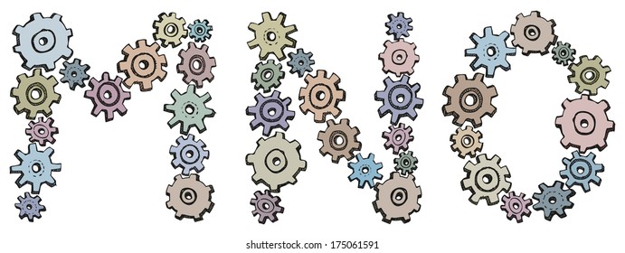 Vector alphabet of cheerful caricature hand-drawn characters consisting of spinning gears. Letters M, N, O isolated on white background