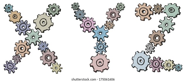 Vector alphabet of cheerful caricature hand-drawn characters consisting of spinning gears. Letters X, Y, Z isolated on white background