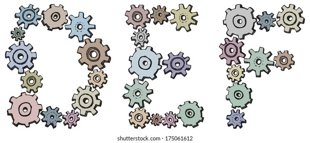 Vector alphabet of cheerful caricature hand-drawn characters consisting of spinning gears. Letters D, E, F isolated on white background