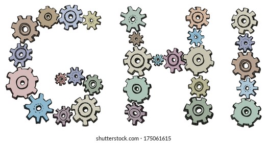 Vector alphabet of cheerful caricature hand-drawn characters consisting of spinning gears. Letters G, H, I isolated on white background