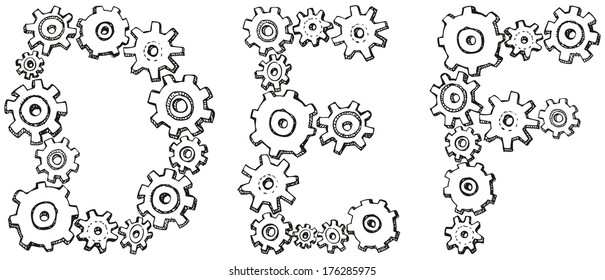 Vector alphabet of cheerful caricature hand-drawn characters consisting of spinning gears. Letters D, E, F isolated on white background
