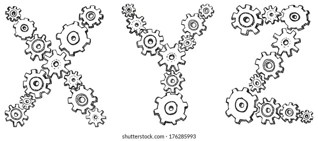 Vector alphabet of cheerful caricature hand-drawn characters consisting of spinning gears. Letters X, Y, Z isolated on white background