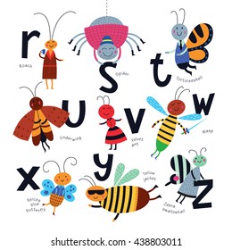 Vector alphabet for children. Cute insects in cartoon style. R, S, T, U, V, W, X, Y, Z,. Part 3.
