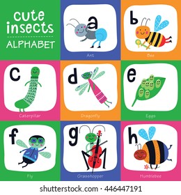 Vector alphabet for children. Cute insects in cartoon style. A, B, C, D, E, F, G, H . Part 1.