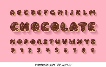 Alfabeto vectorial de donuts de chocolate. Tono dulce de panadería. Cartas y números marrones de chocolate con estrellas en el fondo rosado. Grabado de comida. Pastel y galletas aisladas de postre con cristalino