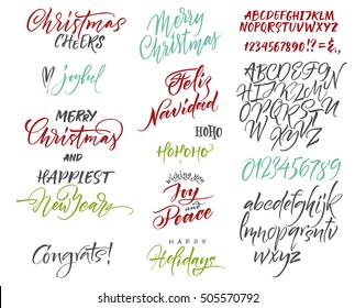 Vector alphabet. Christmas and New Year congrats. Season greetings. Lettering for postcards and greetings to family and friends