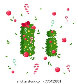 Vector Alphabet in Christmas theme. Red and green letters. Christmas style font. Vector flat illustration.