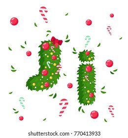 Vector Alphabet in Christmas theme. Red and green letters. Christmas style font. Vector flat illustration.
