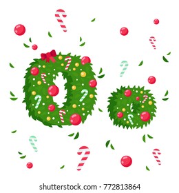 Vector Alphabet in Christmas theme. Red and green letters. Christmas style font. Vector flat illustration.