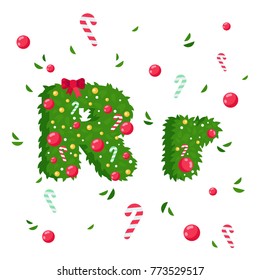 Vector Alphabet in Christmas theme. Red and green letters. Christmas style font. Vector flat illustration.