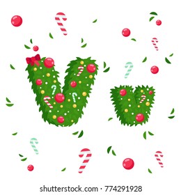 Vector Alphabet in Christmas theme. Red and green letters. Christmas style font. Vector flat illustration.
