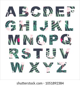 Vector alphabet collection. Retro palm letters set. Cute and trendy summer colors