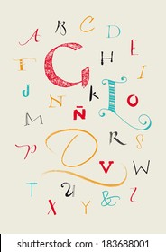 Vector alphabet. Color full hand drawn uppercase letters written with a brush, marker, nib and pencil. Eps vector file and hi-res jpg included.
