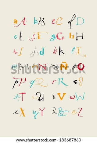 Vector alphabet. Color full hand drawn letters written with a brush, marker, nib and pencil. Eps vector file and hi-res jpg included.