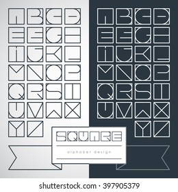 Vector alphabet. Creative dark gray and white alphabet with a thin outline no fill in square style. For company identity, signage, typography, advertising, banners, posters, web and flyers. EPS 8