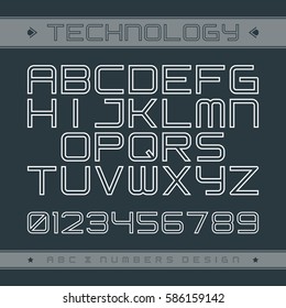 Vector alphabet. Creative and modern rounded outline technology bold font in square shape with dark gray background. For company identity, signage, typography, advertising, banners and posters. EPS 8