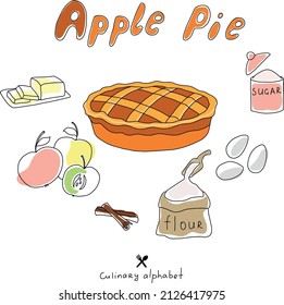 Vector alphabet culinary. Letter A - Apple Pie. Kids alphabet. Cute food alphabet