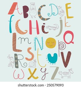 Vector alphabet with cute animals in cartoon style