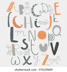 Vector alphabet with cute animals in cartoon style