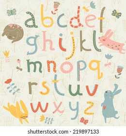 Vector alphabet with cute bunnies, flowers and butterflies in cartoon style