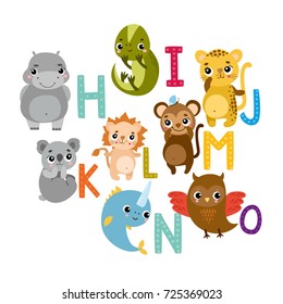 Vector alphabet cute cartoon animals for kids. hippo, iguana, jaguar, koala, lion, monkey,  owl