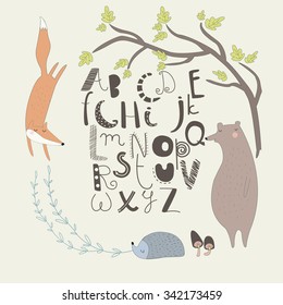 Vector alphabet with cute forest animals in cartoon style