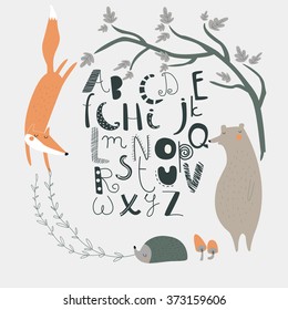 Vector alphabet with cute forest animals in cartoon style