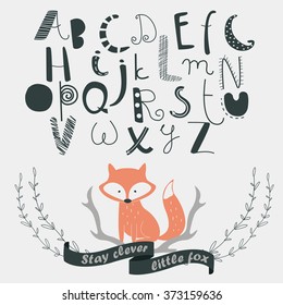 Vector alphabet with cute fox and laurels in cartoon style. 'Stay clever little fox' poster